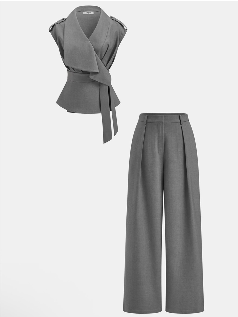 Commense Gray Wide-Leg Trousers with Draped Wrap Top - Women's Set